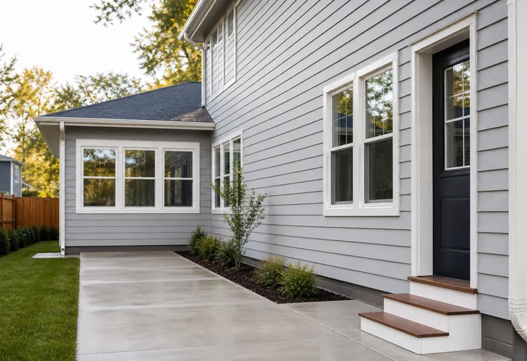 Representative clean gray siding and concrete walkway