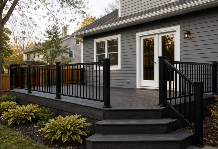 Representative refreshed backyard deck with dark railing