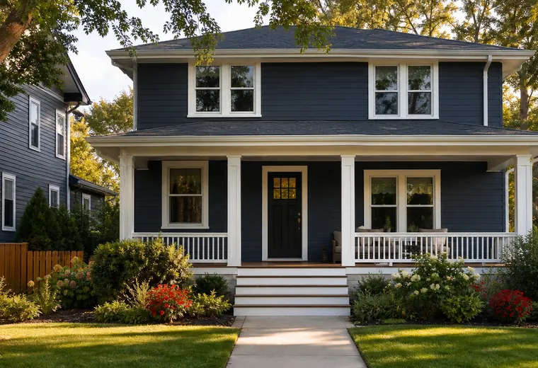 Representative two-story home with fresh slate-blue paint