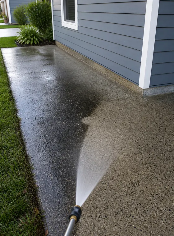 Representative pressure-washing spray cleaning a concrete walkway